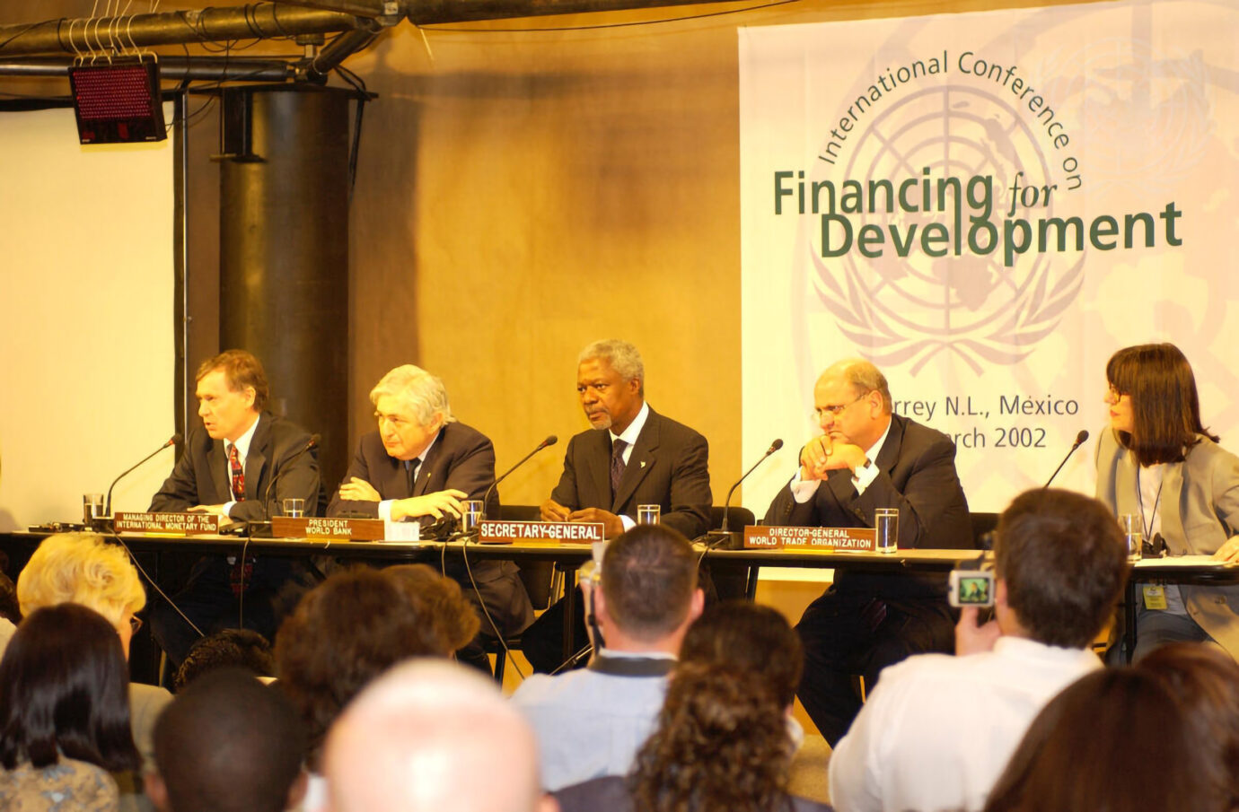 The first International Conference on Financing for Development took place in Monterrey, Mexico in March 2002, to consider new approaches to domestic and international finance to promote more equitable global development. Left to right are Horst Köhler, Managing Director of International Monetary Fund; James Wolfensohn, President of the World Bank; Secretary-General Kofi Annan and Mike Moore, Director-General of the World Trade Organization at the beginning of the Summit Segment. [No exact date]
