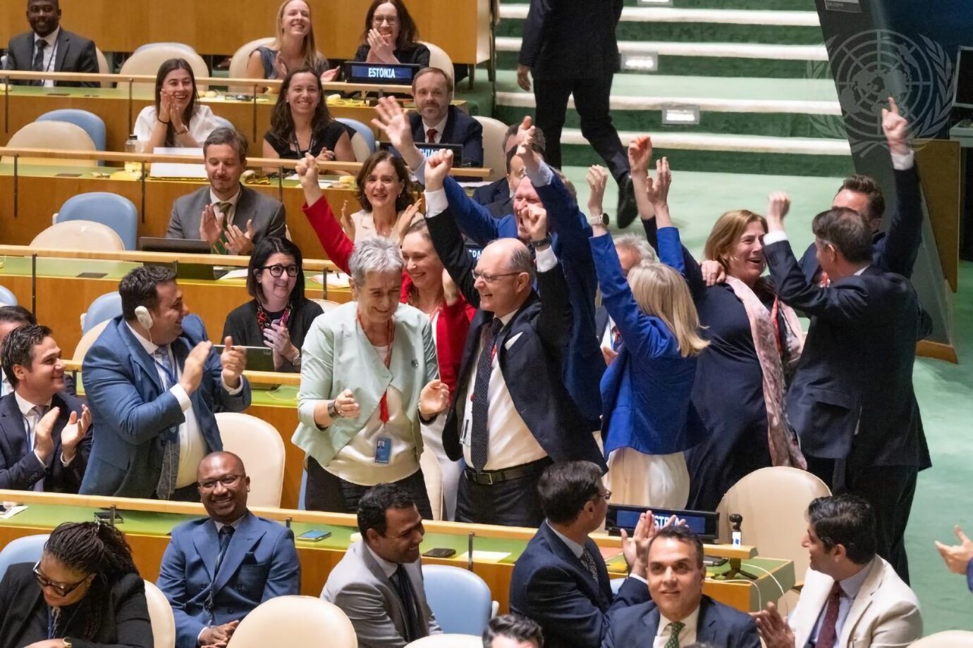The delegation of Austria celebrates being elected as non-permanent members of the Security Council for the term 2027-2028 during the 86th plenary meeting of the General Assembly. The meeting held election of non-permanent members of the Security Council for the term 2027-2028. Austria, Kyrgyzstan, Portugal, Trinidad and Tobago, and Zimbabwe were elected to serve as non-permanent members of the UN Security Council, with two-year terms beginning in January 2027. The five outgoing non-permanent members are: Denmark, Greece, Pakistan, Panama and Somalia. Elections are held annually by secret ballot, with seats allocated by regional group. Candidates must secure a two-thirds majority in the 193-member General Assembly to be elected.
