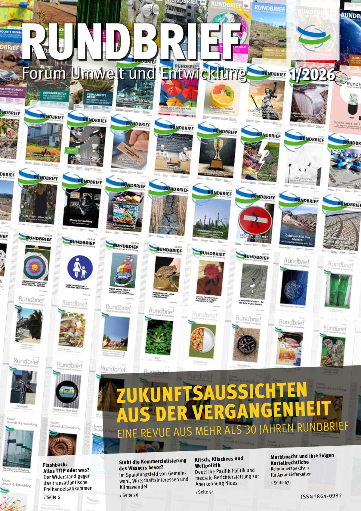 Titelbild des Rundbriefs 1/2026. in gelber Schrift steht Zukunftsaussichten aus der Vergangenheit: EIne Revue aus mehr als 30 Jahren Rundbrief. Unterlegt mit zahlreichen kleinen Abbildungen, die die Titelbilder alter Rundbriefe tragen